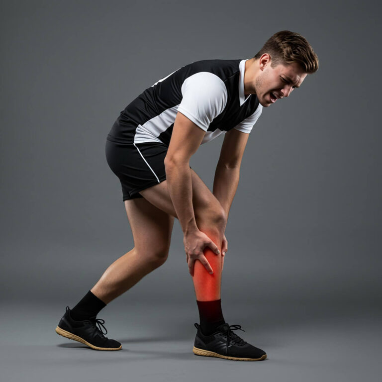 Acupuncture treatment on the knee area for muscle recovery after a sports injury.