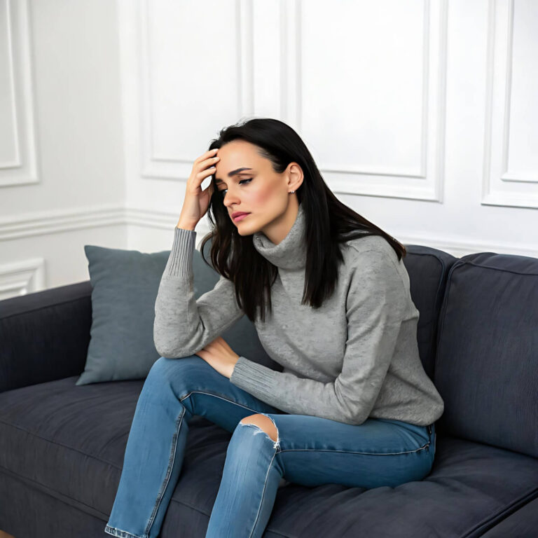 Woman sitting on a couch, holding her head, looking stressed or anxious.