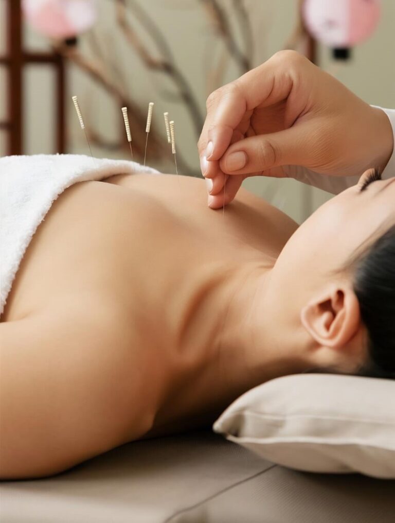 Acupuncture needles being applied to a patient’s back for pain relief at Family Acupuncture Clinic Jacksonville.